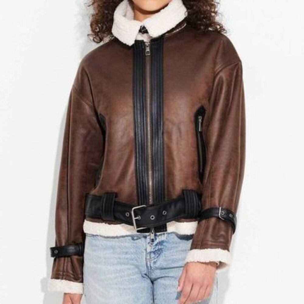 NWT Wild Fable Brown Faux Leather Sherpa Aviator Jacket Women’s Size Small